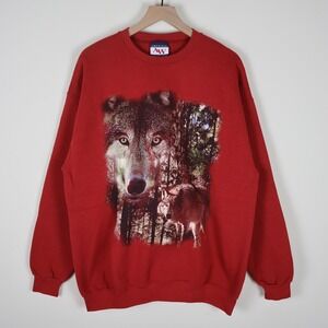 Vintage 90s Wolf Forest Nature Crewneck Pullover Sweatshirt Red XL 24x29.5